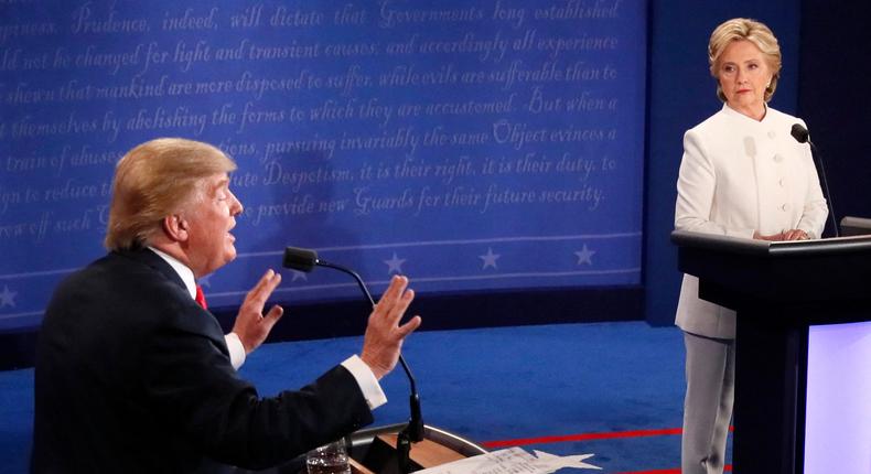 Hillary Clinton and Donald Trump during their final presidential debate in October 2016.MARK RALSTON/AFP via Getty Images