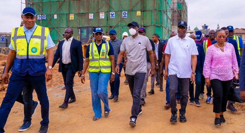 L-R: Director, Rail Transportation, Lagos Metropolitan Area Transport Authority (LAMATA), Mr Olasunkanmi Okusaga; Managing Director, LAMATA, Mrs Abimbola Akinajo; Lagos State Gov. Babajide Sanwo-Olu; his Deputy, Dr. Obafemi Hamzat and Special Adviser to the Governor on Works & Infrastructure, Mrs Aramide Adeyoye during the inspection of the ongoing works on the Red Rail project sites, on Sunday, Aug. 7, 2022.