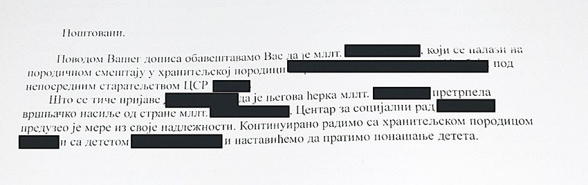 Odgovor lokalnog Centra za socijalni rad