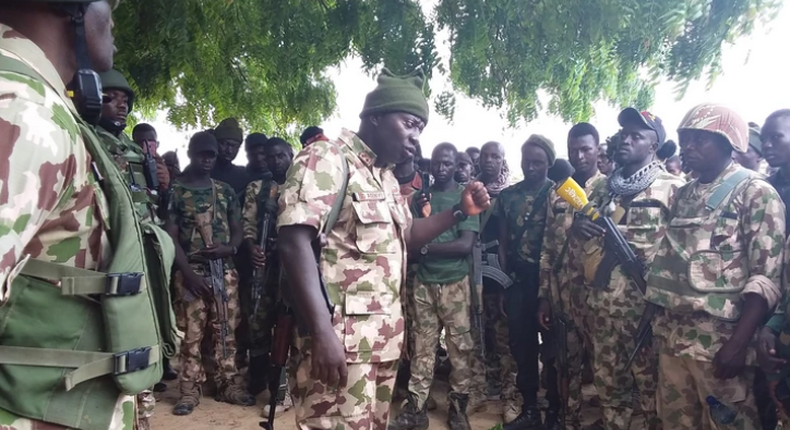 Maj.-Gen. Olusegun Adeniyi, the Theater Commander, Operation Lafiya Dole, addresses troops of the 5 Battalion, Gubio in Borno on Sunday [NAN]