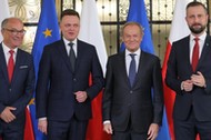 Liderzy opozycji przed spotkaniem z Andrzejem Dudą. Od lewej: Włodzimierz Czarzasty, Szymon Hołownia, Donald Tusk i Władysław Kosiniak-Kamysz. 24.10.2023 r.