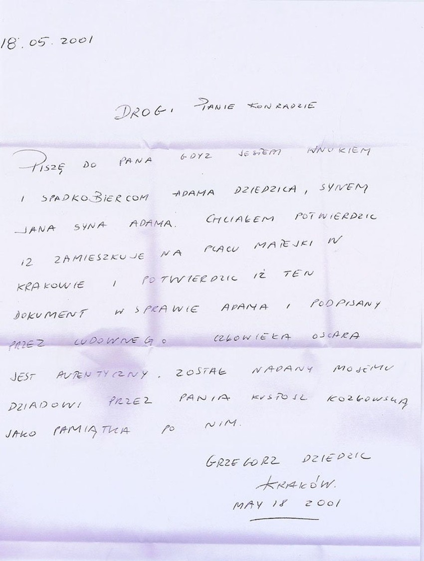 Jedno od Šindlerovih pisama na poljskom jeziku