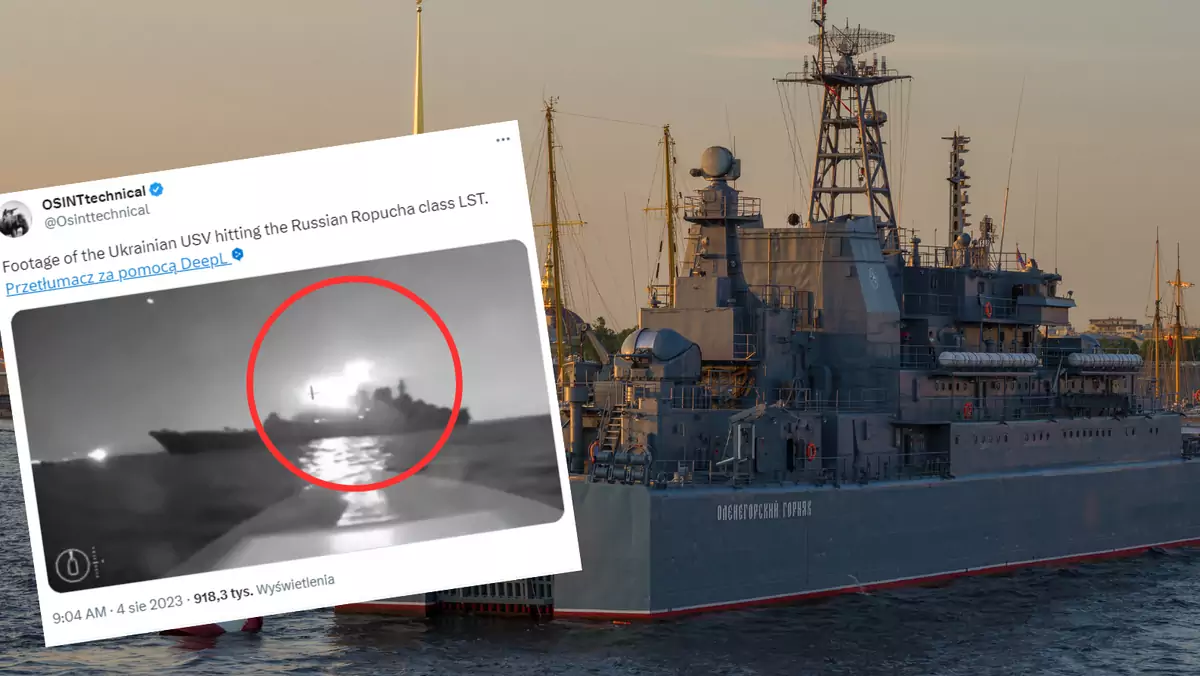 Ukraińcy trafili okręt desantowy Oleniegorskij gorniak (twitter.com/Osintechnical)