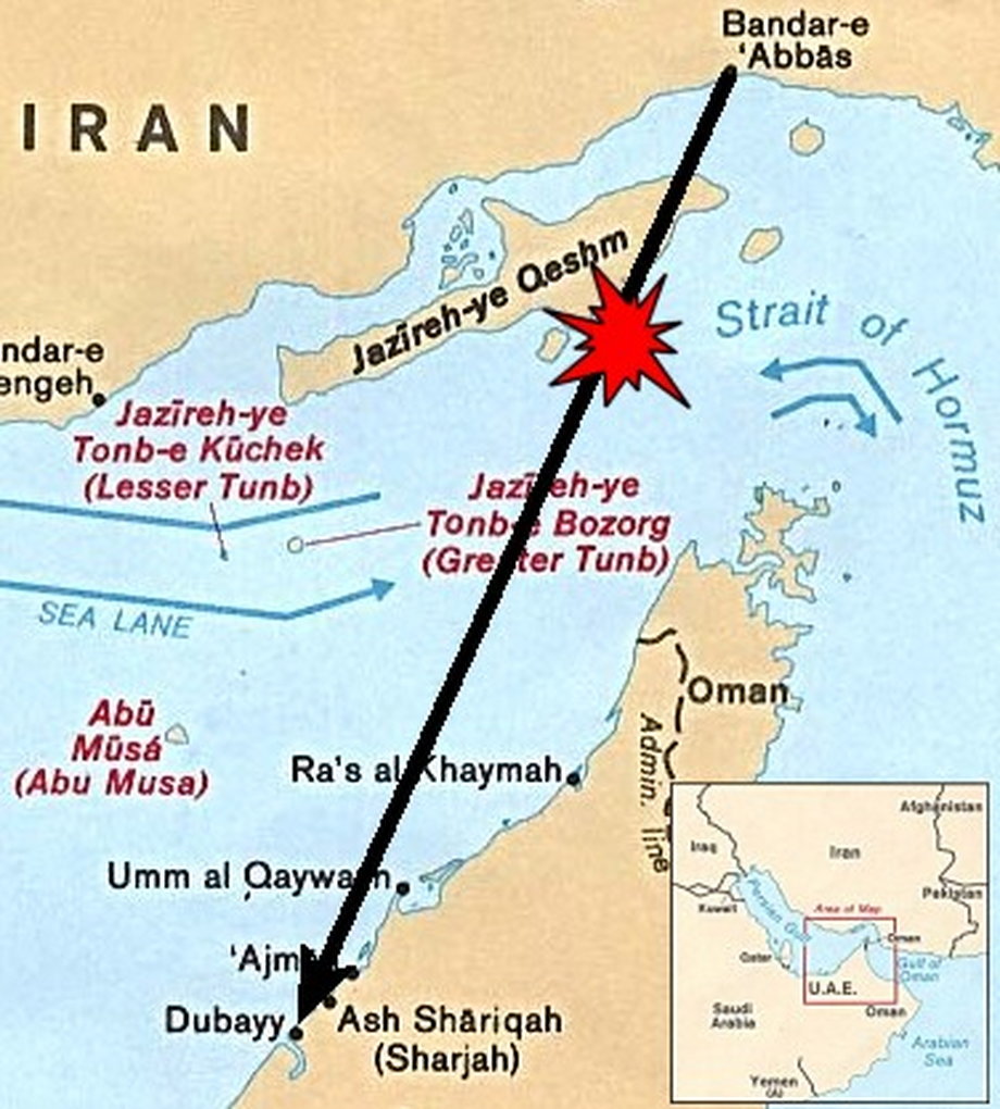 Locater map depicting Iran Air 655's origination point, destination and approximate location of the shootdown. (The air corridor is not necessarily a direct path.)