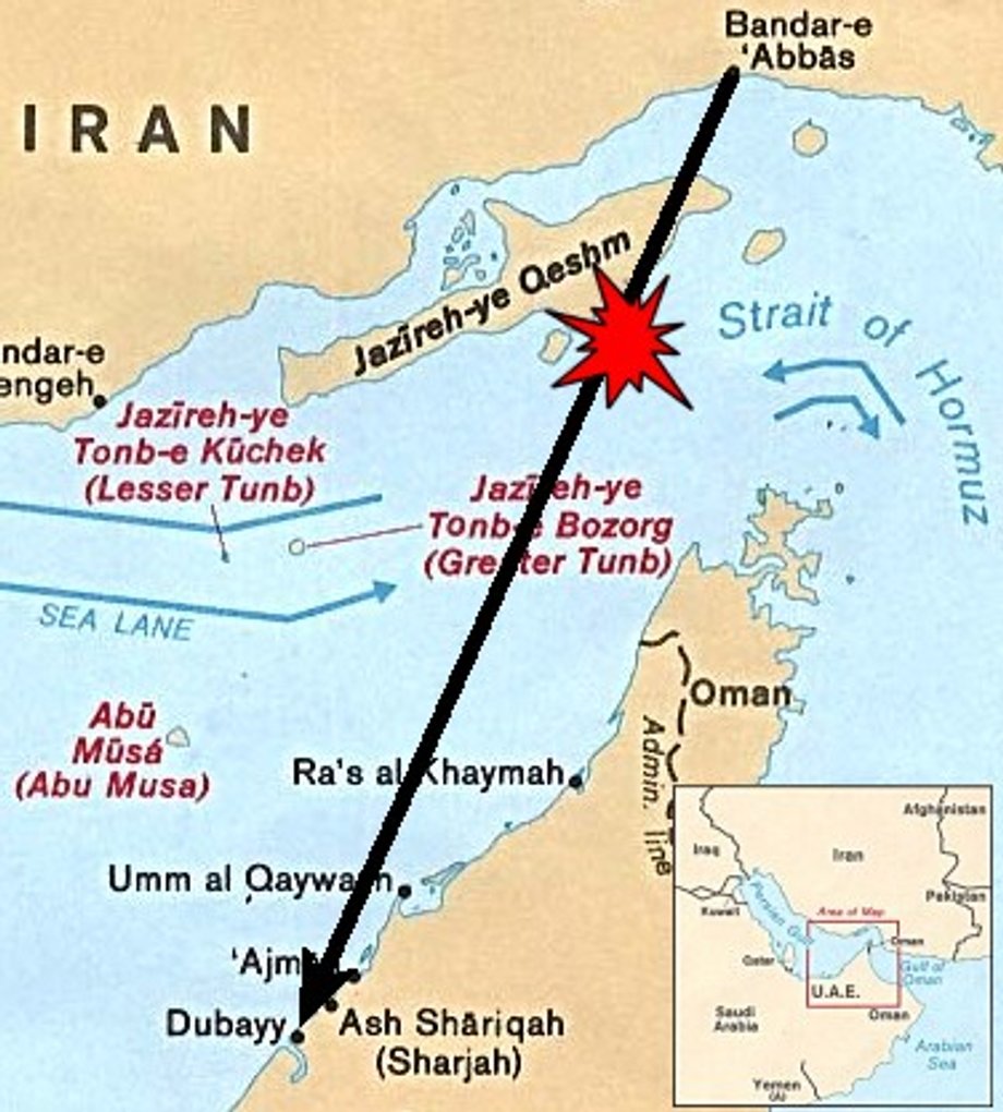 Locater map depicting Iran Air 655's origination point, destination and approximate location of the shootdown. (The air corridor is not necessarily a direct path.)