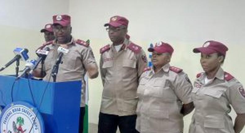 From L-R The Deputy Corps Commander, Operations, Lucas Oguntade, Lagos Corps Commander, Olusegun Ogungbemide, Deputy Corps Commander, Admin. Human Resources, Deputy Corps Commander, Azubuike Onyemeh, Route Commander, Public, Education Officer, Olabisi Sonusi. Assist. Route Commander, Ese Ebhuomg, during a media briefing in Lagos on Monday.