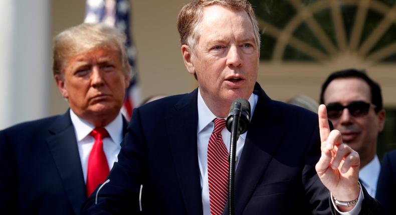 FILE PHOTO: U.S. Trade Representative Robert Lighthizer discusses the United States-Mexico-Canada Agreement (USMCA) as U.S. President Donald Trump and U.S. Treasury Secretary Steven Mnuchin look on during a news conference in the Rose Garden of the White House in Washington, U.S., October 1, 2018. REUTERS/Kevin Lamarque