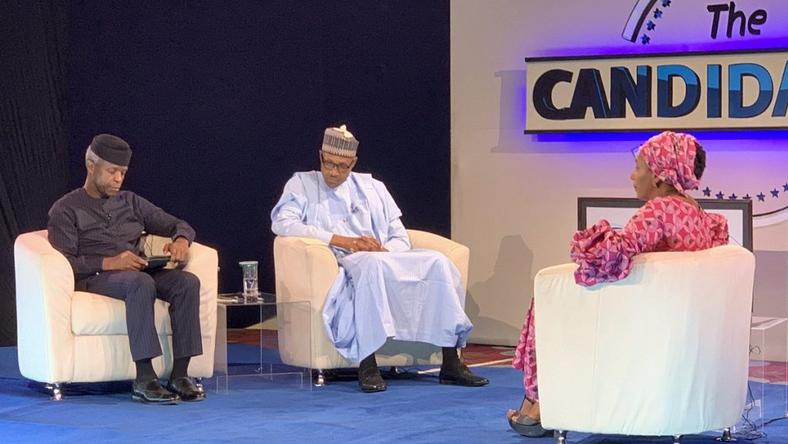 Osinbajo and Buhari being grilled by Kadaria Ahmed at the presidential town-hall (Punch)