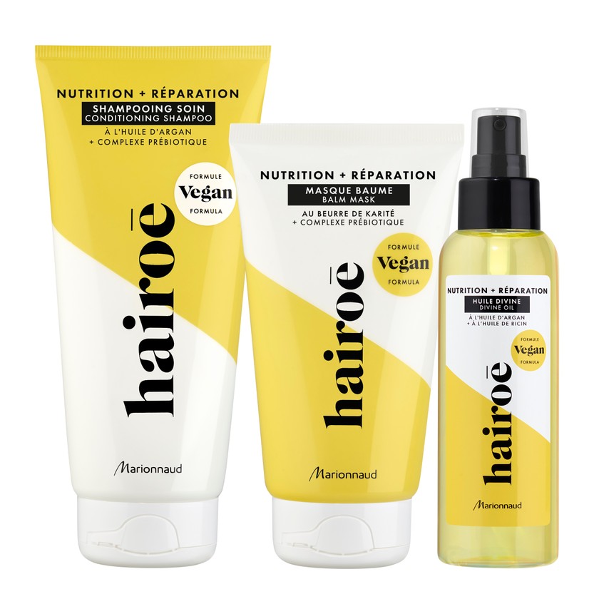V.l.n.r.: Shampoo für 9.90 Franken (200 ml), Maske für 9.90 Franken (150 ml) und Haaröl für 9.90 Franken (100 ml) aus der «Nutrition + Réparation»-Linie von Hairoe, via Marionnaud.