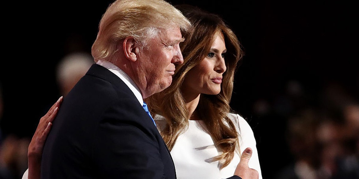 Donald Trump gives a thumbs-up as he introduces his wife, Melania, on the first day of the Republican National Convention.