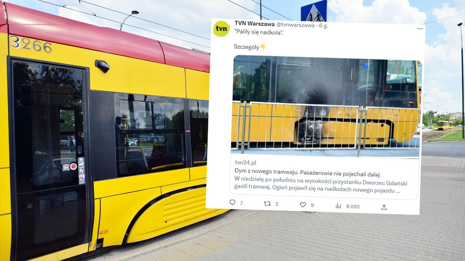 Pożar w tramwaju na Żoliborzu (fot. screen: twitter.com/@tvn24)