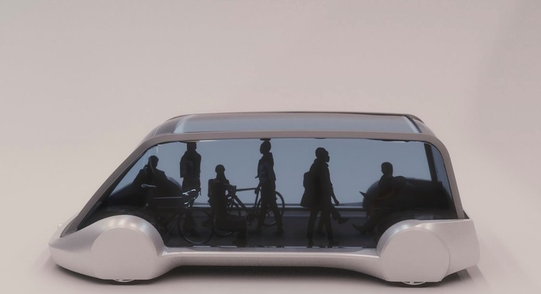 A rendering of a passenger vehicle that could carry pedestrians on a tunnel's electric skate.