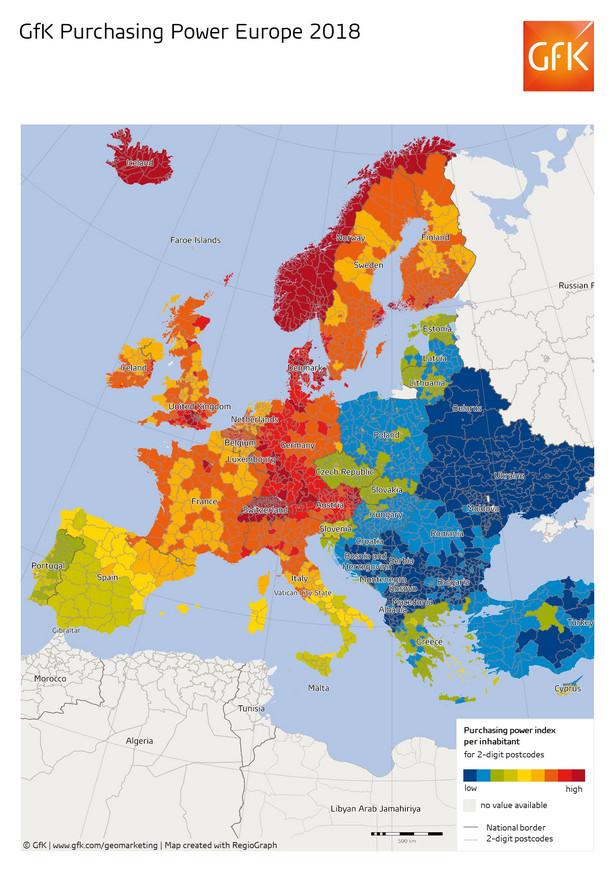 Mapa siły nabywczej w Europie 2018, źródło: GfK