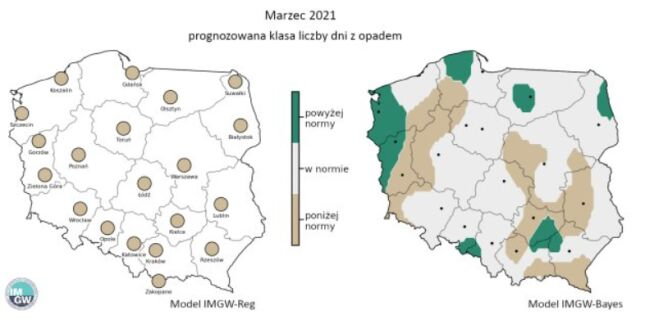 Prognozowana klasa liczby dni z opadem w marcu 2021 r.