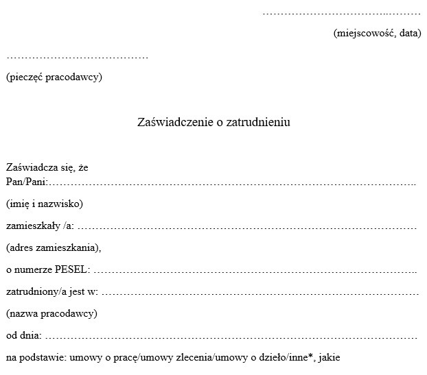 Wzór zaświadczenia o zatrudnieniu do przedszkola