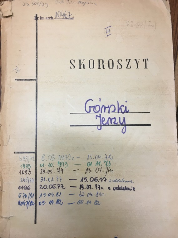 Pierwsza strona skoroszytu informująca o liczbie wizyt na oddziale dla narkomanów w Szpitalu Psychiatrycznym w Lubiążu 