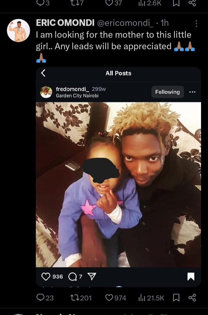 Eric Omondi appeals for information about the mother of child who was dear to his late brother Fred Omondi.