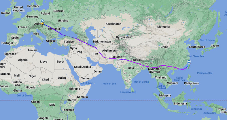 Trasa samolotu z Tajpej do Wiednia