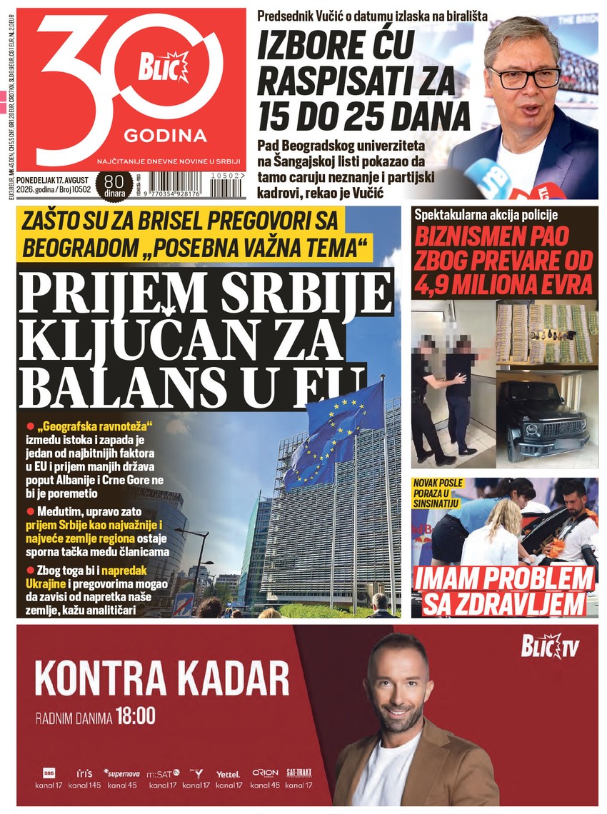 Blic naslovna strana za 17.8.