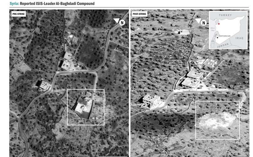 Kryjówka al-Baghdadiego przed i po ataku