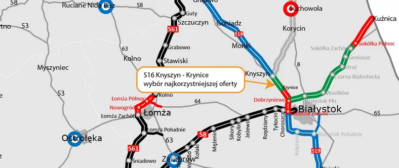 Mapa — odcinek drogi S16 Knyszyn — Krynice