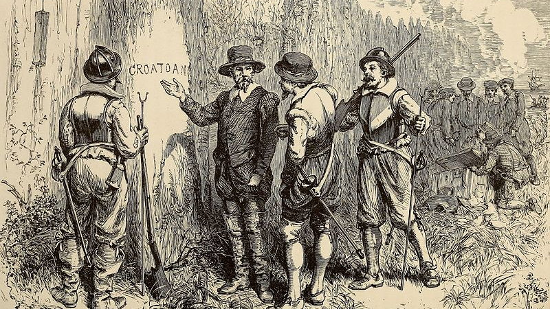 Ilustracja W. J. Lintona z 1876 roku przedstawiająca gubernatora odkrywającego opuszczoną kolonię