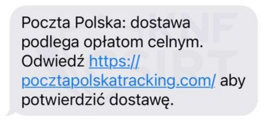 Wiadomość sms od oszustów podszywających się pod Pocztę Polską.