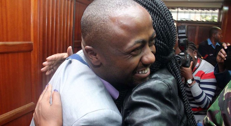 File image of Joseph Jowie Irungu hugging a female relative in court. Joseph Irungu alias Jowie out of prison after raising Sh2 million cash bail