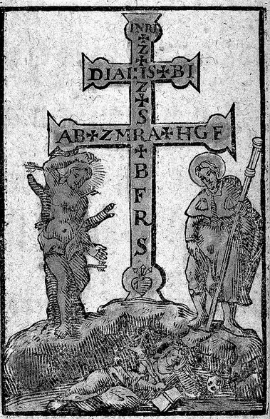 Wizerunek krzyża ze św. Sebastianem, św. Rochem i św. Janem Nepomucenem, służący jako amulet przeciwko plagom (XIV w.)
