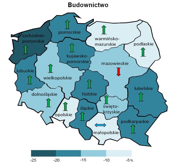 Ogólny klimat koniunktury według województw (dane wg siedziby przedsiębiorstwa) - budownictwo