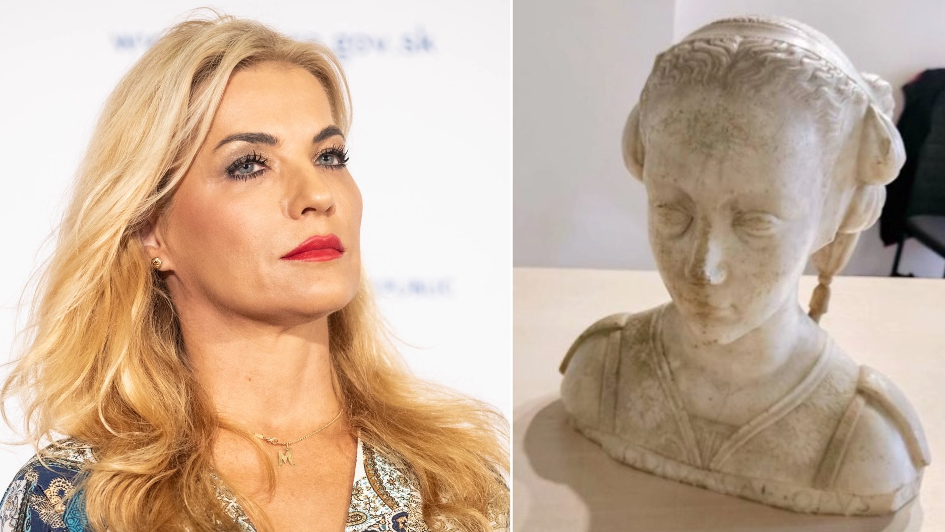 Ministerka kultúry Martina Šimkovičová a mramorová bustu, ktorej autorstvo odborníci pripisujú renesančnému umelcovi Donatellovi