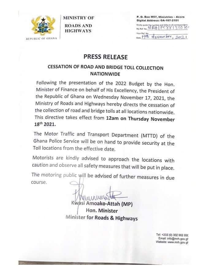  Roads Minister orders a stop to collecting tolls immediately 