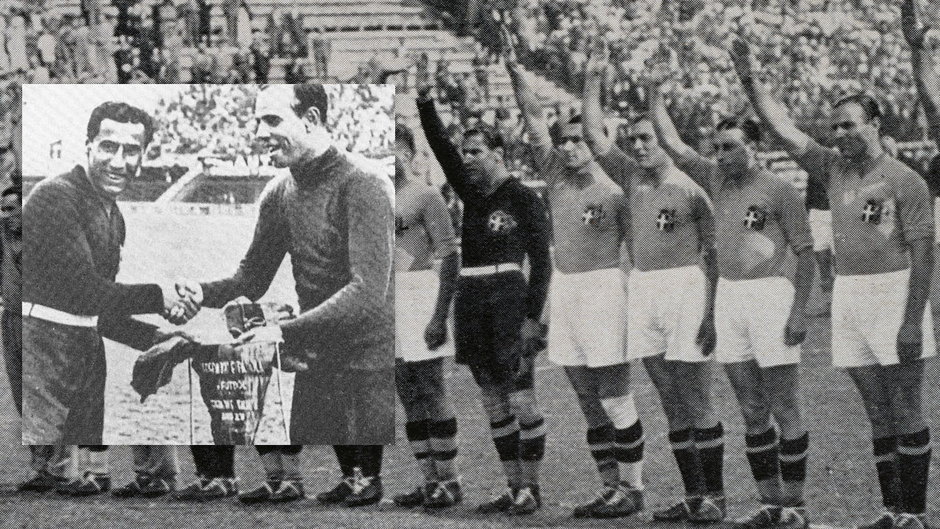 Hiszpania-Włochy 1934 r. Gianpiero Combi & Ricardo Zamora, w tle reprezentacja Włoch