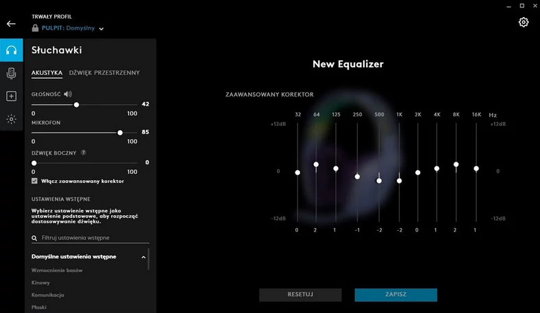Darmowe oprogramowanie G-Hub firmy Logitech oferuje wiele opcji ustawień zestawu słuchawkowego G733. W ten sposób dźwięk można indywidualnie dopasować do poszczególnych gier za pomocą suwaka korektora i zachować jako profil