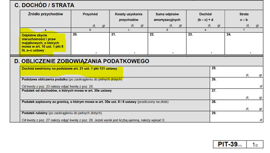 PIT-39 - kluczowe części formularza pod względem wykazania ulgi mieszkaniowej