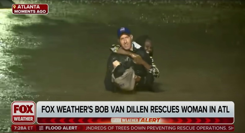 Fox Weather reporter Bob Van Dillen seen rescuing woman from flood waters live on air.Fox Weather/YouTube/Business Insider Screenshot