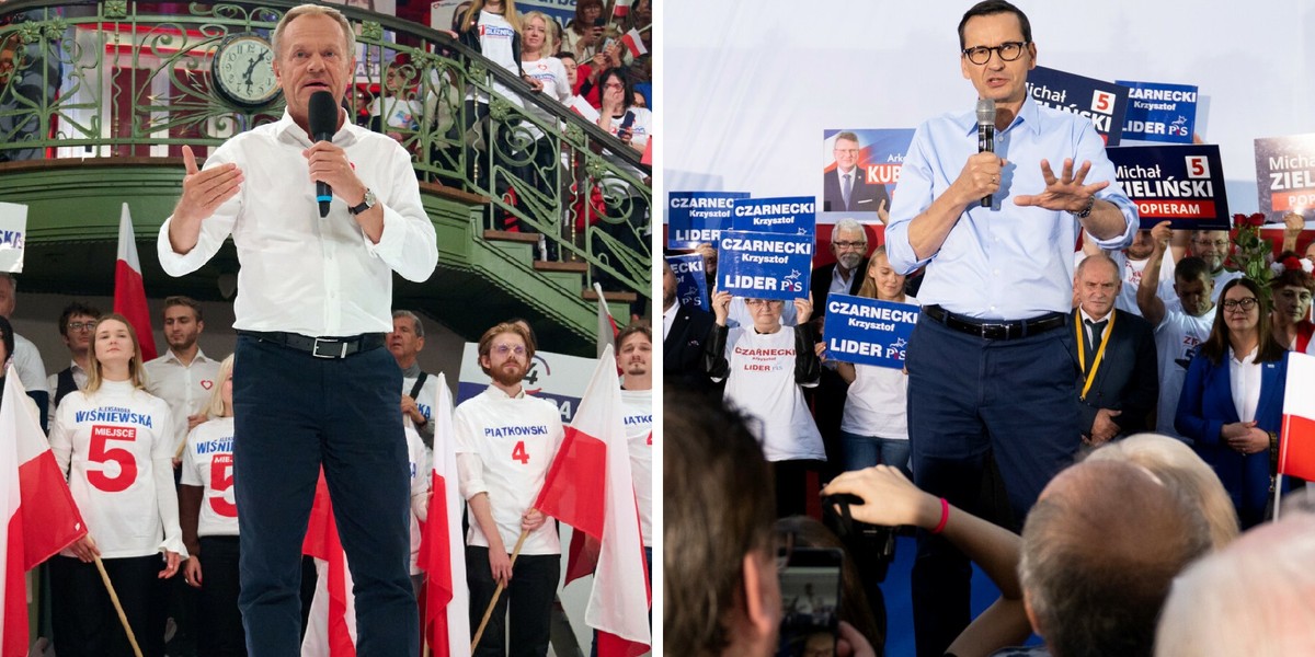 Donald Tusk i Mateusz Morawiecki wykorzystują ostatnie godziny kampanii na spotkania z wyborcami.