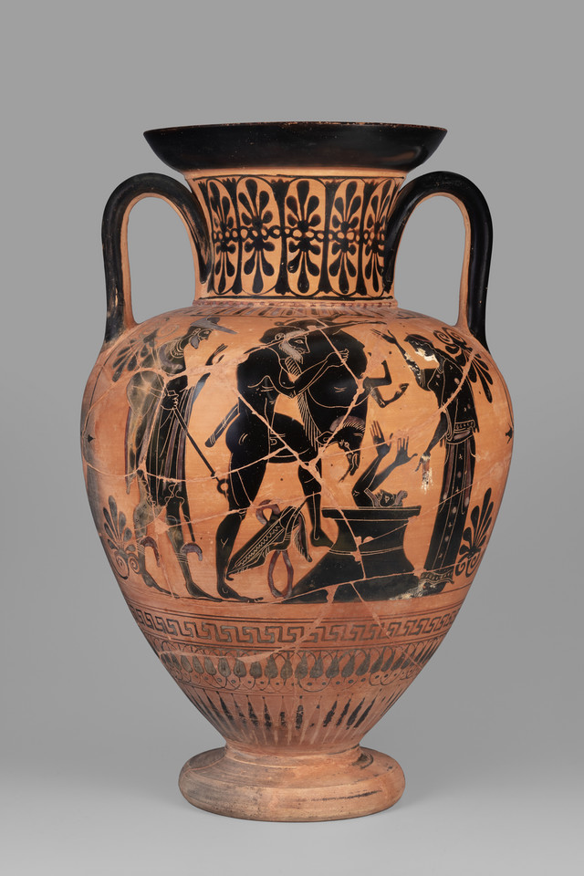 Amfora czarnofigurowa z przedstawieniem Heraklesa z dzikiem erymantejskim i Eurysteusza schowanego w beczce 
