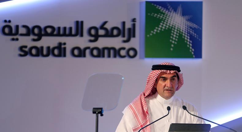 FILE PHOTO: Yasser al-Rumayyan, Saudi Aramco's chairman, speaks during a news conference at the Plaza Conference Center in Dhahran, Saudi Arabia November 3, 2019. REUTERS
