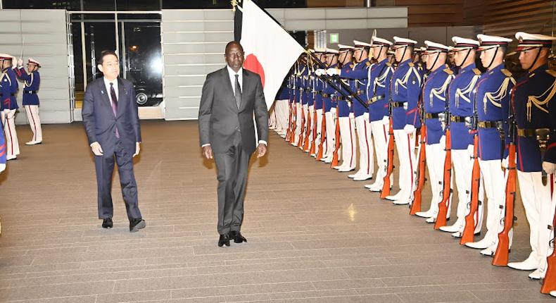 President William Ruto is welcomed by Japan Prime Minister Fumio Kishida in Tokyo, Japan on February 8, 2024