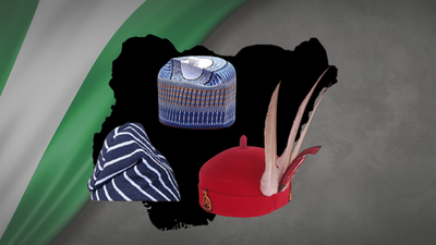 Hats of the 3 most prominent tribes in Nigeria; Hausa, Yoruba, and Igbo