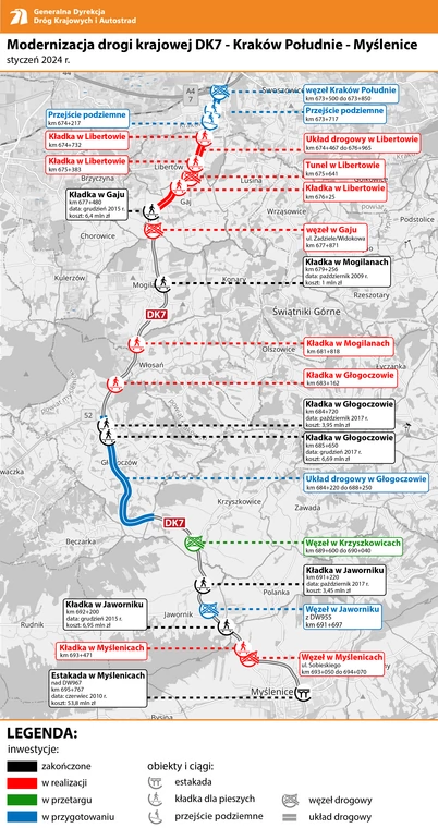 Mapa planowanej modernizacji zakopianki między Krakowem a Myślenicami