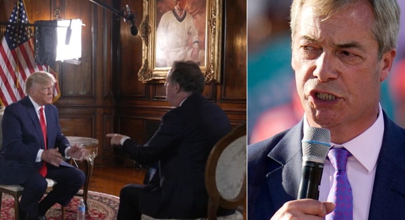 Former President Donald Trump appears on Piers Morgan Uncensored, left, and Nigel Farage, right, speaks at a rally.