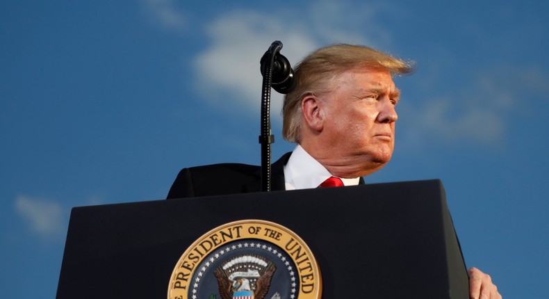 FILE PHOTO - U.S. President Donald Trump reacts as he addresses a Trump 2020 re-election campaign rally in Montoursville, Pennsylvania, U.S. May 20, 2019. REUTERS/Carlos Barria