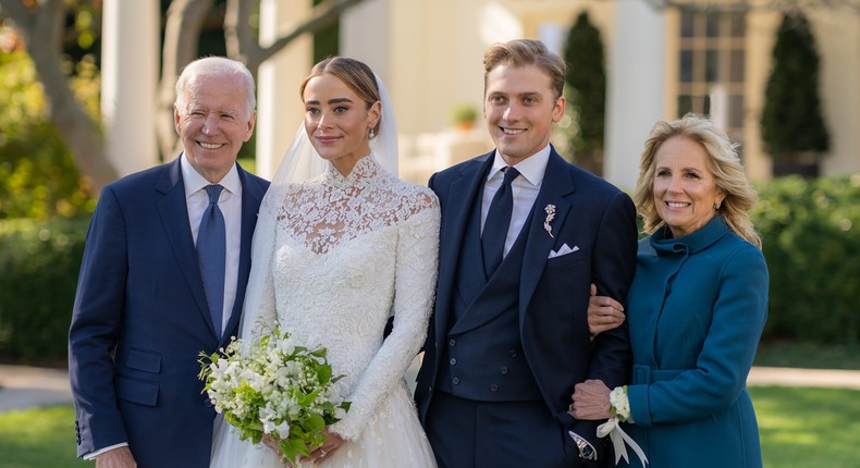 President Joe Biden and first lady Jill Biden at the wedding of their granddaughter Naomi Biden and  Peter Neal on the South Lawn of the White House on November 19, 2022.The White House via Getty Images