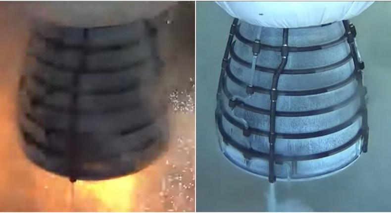 An SLS engine burns propellant (left), then abruptly shuts down (right) during a hot fire test on January 16, 2021.