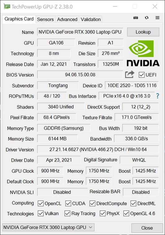Hyperbook Pulsar V15 – GPU-Z – specyfikacja Nvidia GeForce RTX 3060 Laptop GPU [120W]