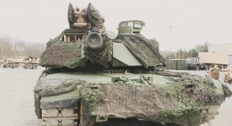 An M1 Abrams tank from the 3rd Armored Brigade Combat Team of the 4th Infantry Division with a new look, at Grafenwoehr Training Area, Germany, April 7, 2017.