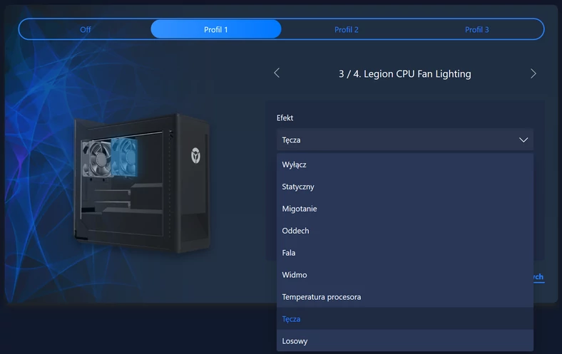 Lenovo Legion Tower 5i – dostosowanie podświetlenia w Lenovo Vantage