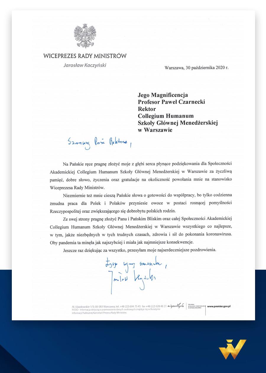 List gratulacyjny wicepremiera Jarosława Kaczyńskiego zaadresowany do rektora Collegium Humanum Pawła Czarneckiego 